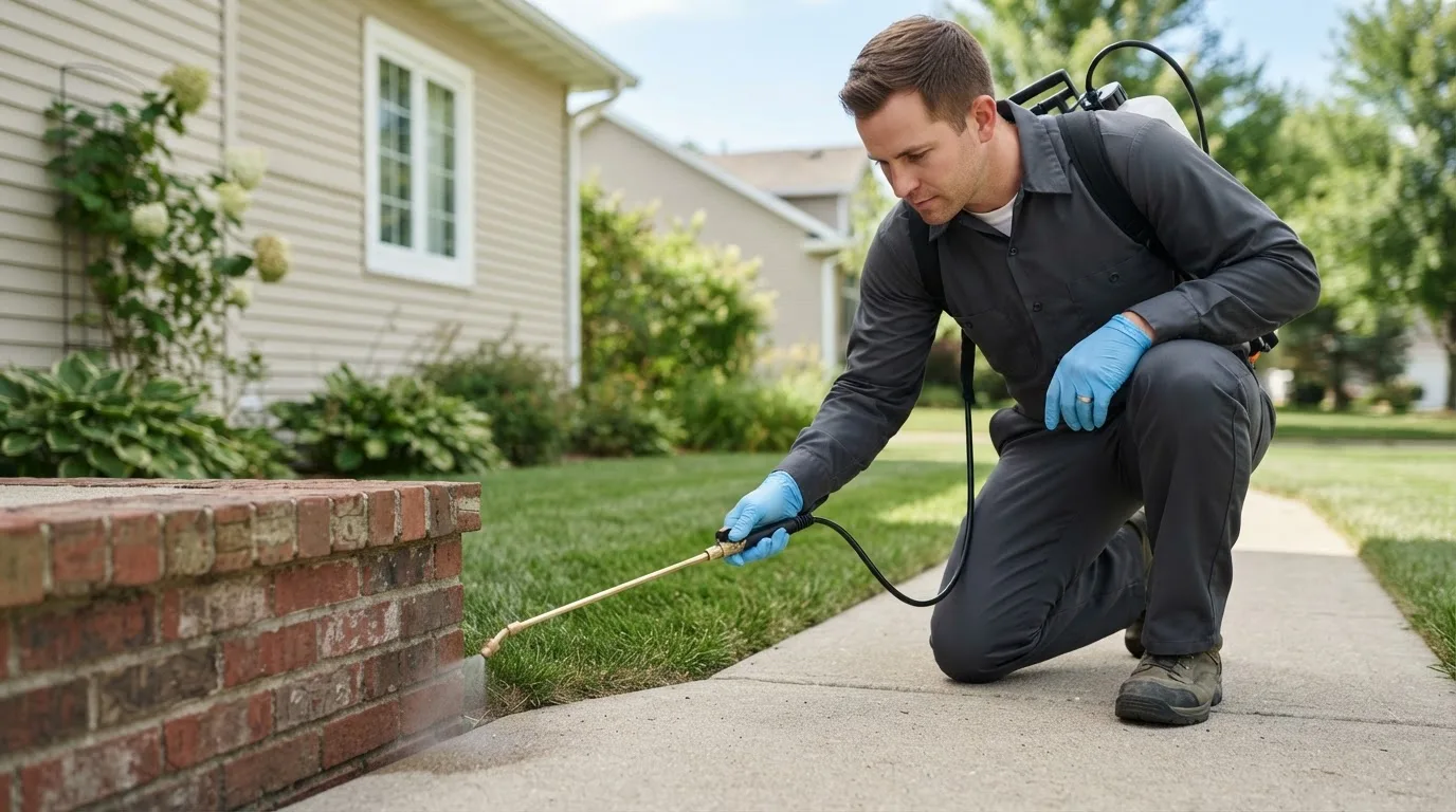 Pest control technician treating a home near Falls City, OR