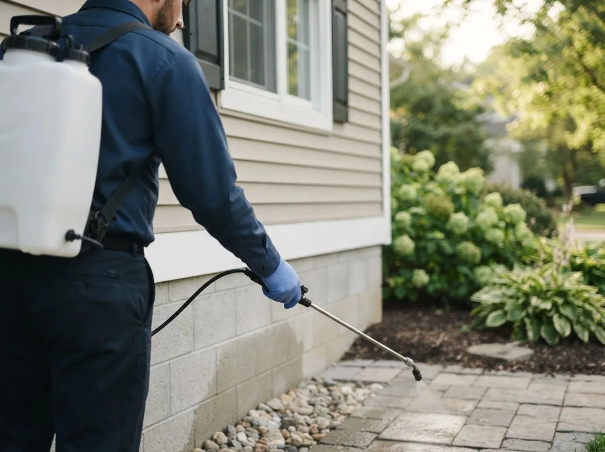 Pest control technician inspecting a home in Falls City, OR